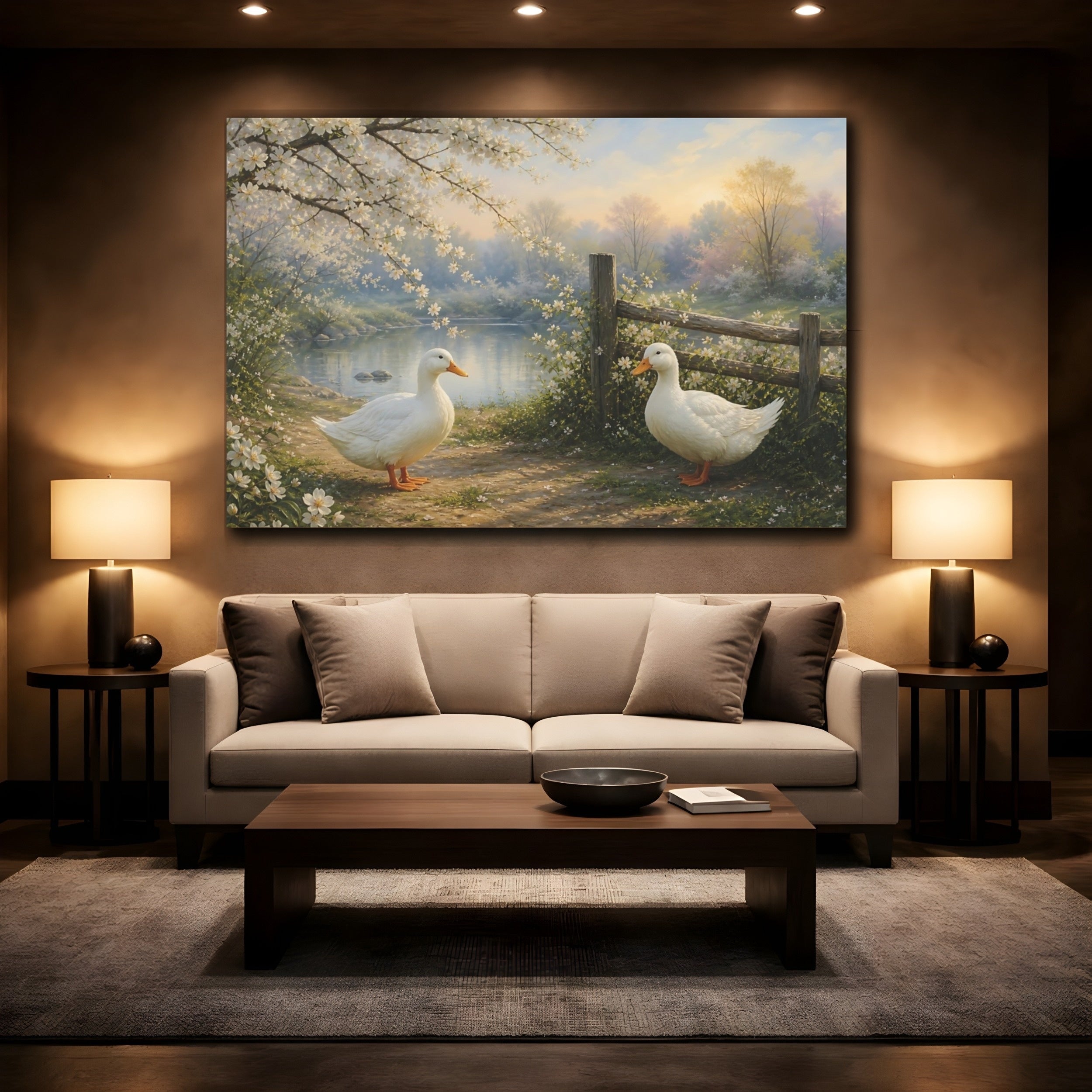 Mockup 2. Nature White Ducks Spring Nature Scene shown as canvas print