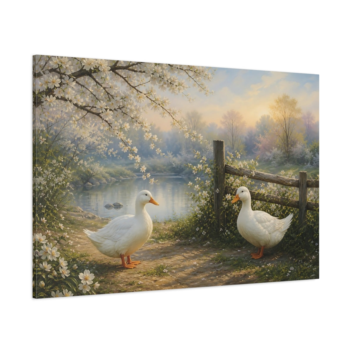 Side Mockup 1. Nature White Ducks Spring Nature Scene shown as canvas print