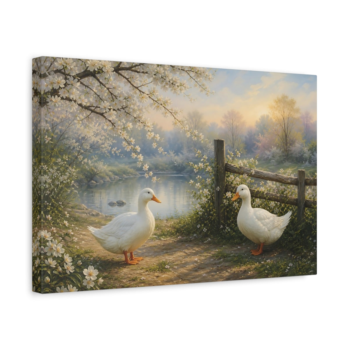 Side Mockup 4. Nature White Ducks Spring Nature Scene shown as canvas print