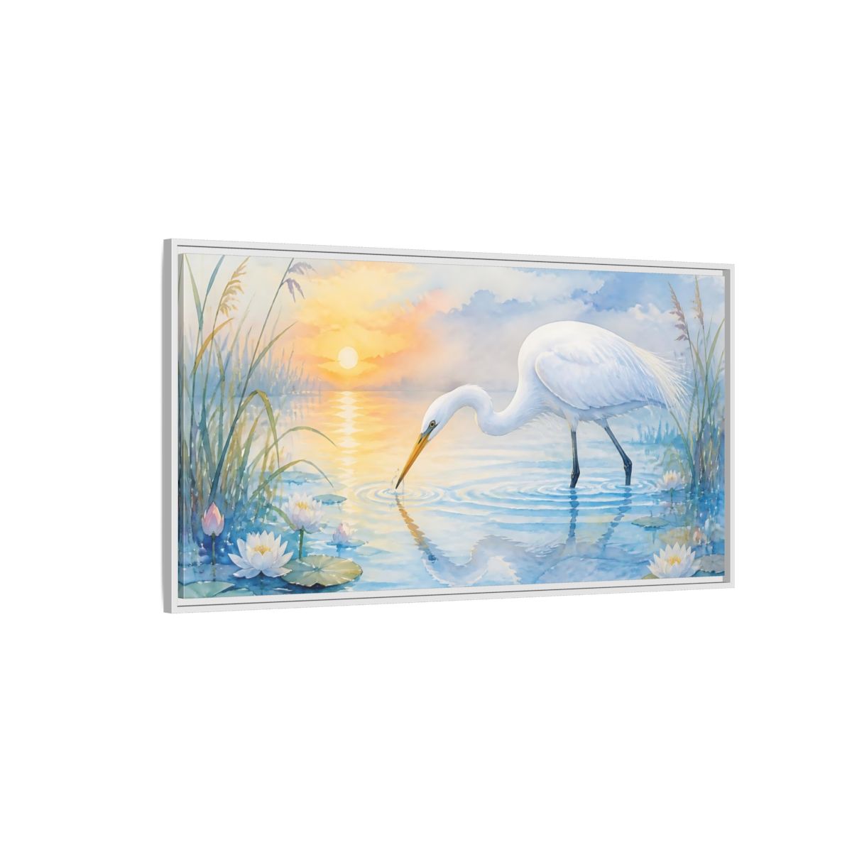 Side Mockup 3. Nature White Egret White Egret Sunset shown as stretched canvas wall art