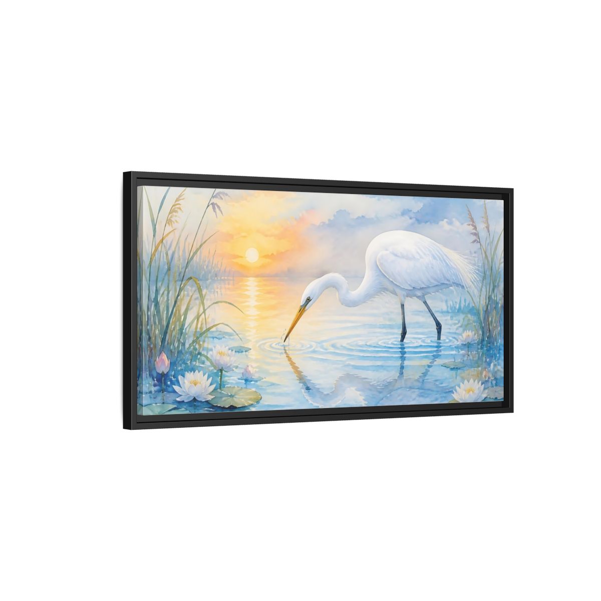 Side Mockup 2. Nature White Egret White Egret Sunset shown as stretched canvas wall art