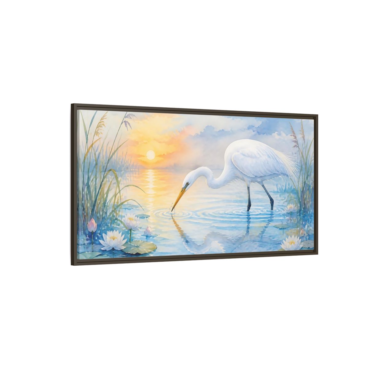 Side Mockup 4. Nature White Egret White Egret Sunset shown as stretched canvas wall art