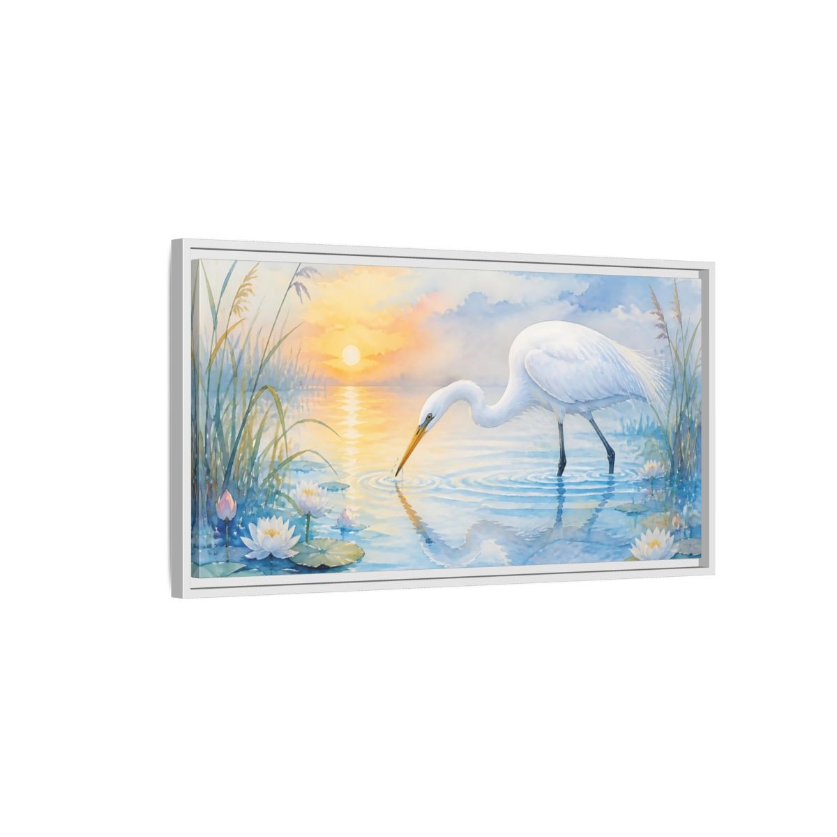 Side Mockup 1. Nature White Egret White Egret Sunset shown as stretched canvas wall art