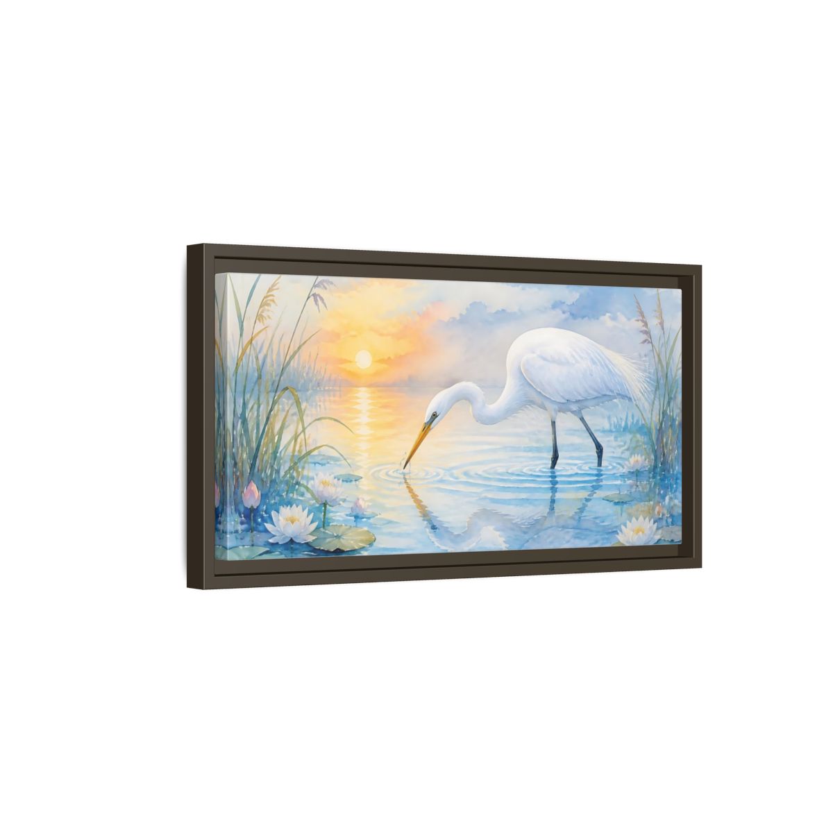 Side Mockup 7. Nature White Egret White Egret Sunset shown as stretched canvas wall art
