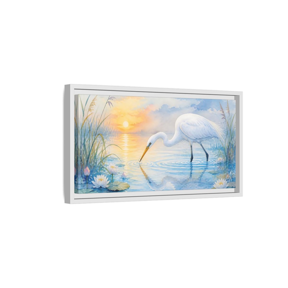 Side Mockup 6. Nature White Egret White Egret Sunset shown as stretched canvas wall art