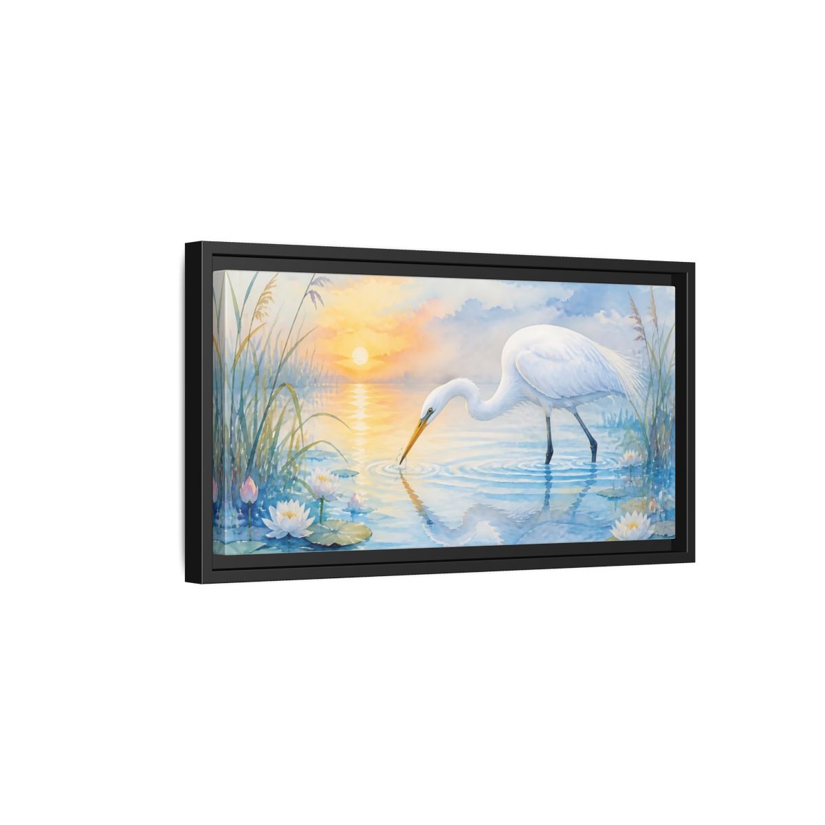 Side Mockup 8. Nature White Egret White Egret Sunset shown as stretched canvas wall art