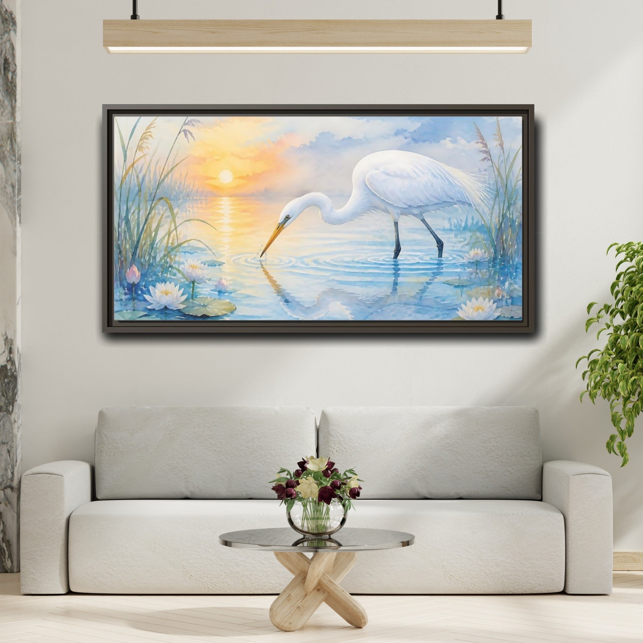 Mockup 2. Nature White Egret White Egret Sunset shown as stretched canvas wall art