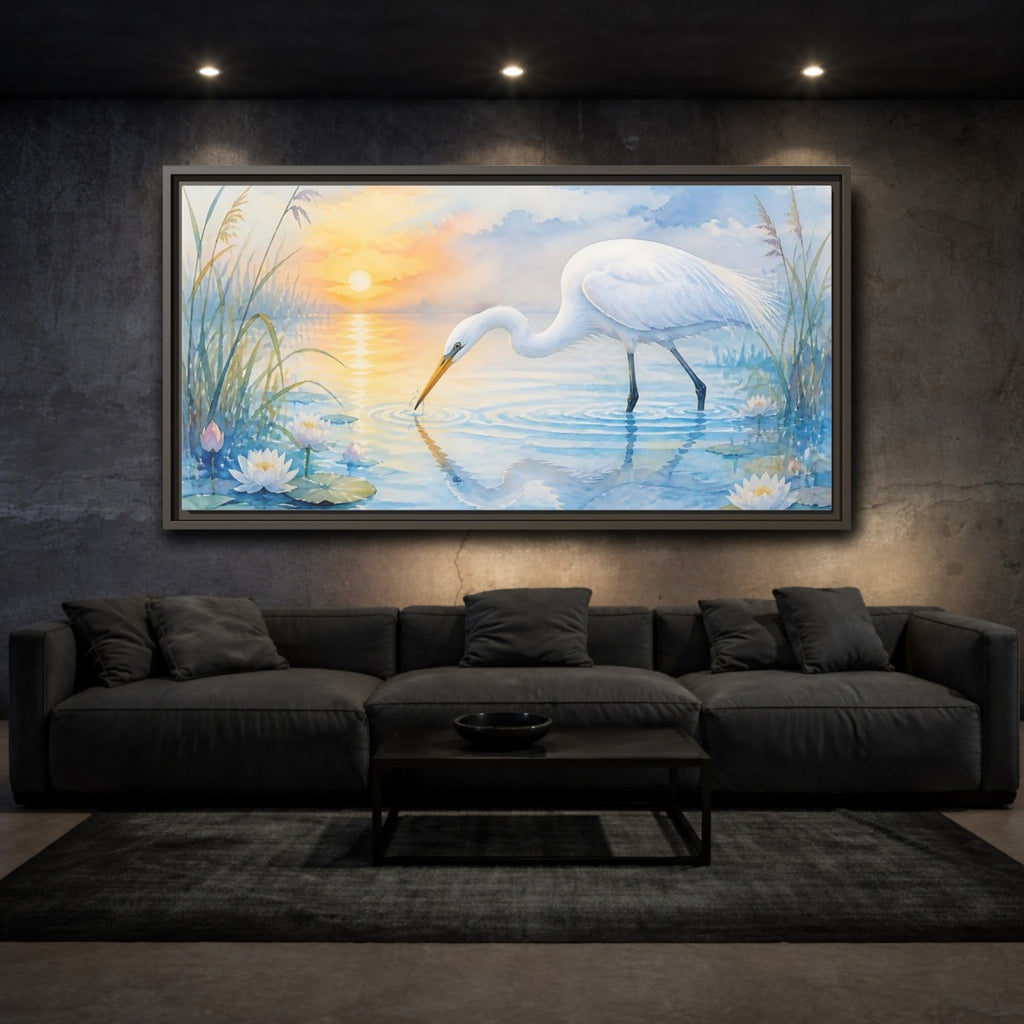 Mockup 3. Nature White Egret White Egret Sunset shown as stretched canvas wall art