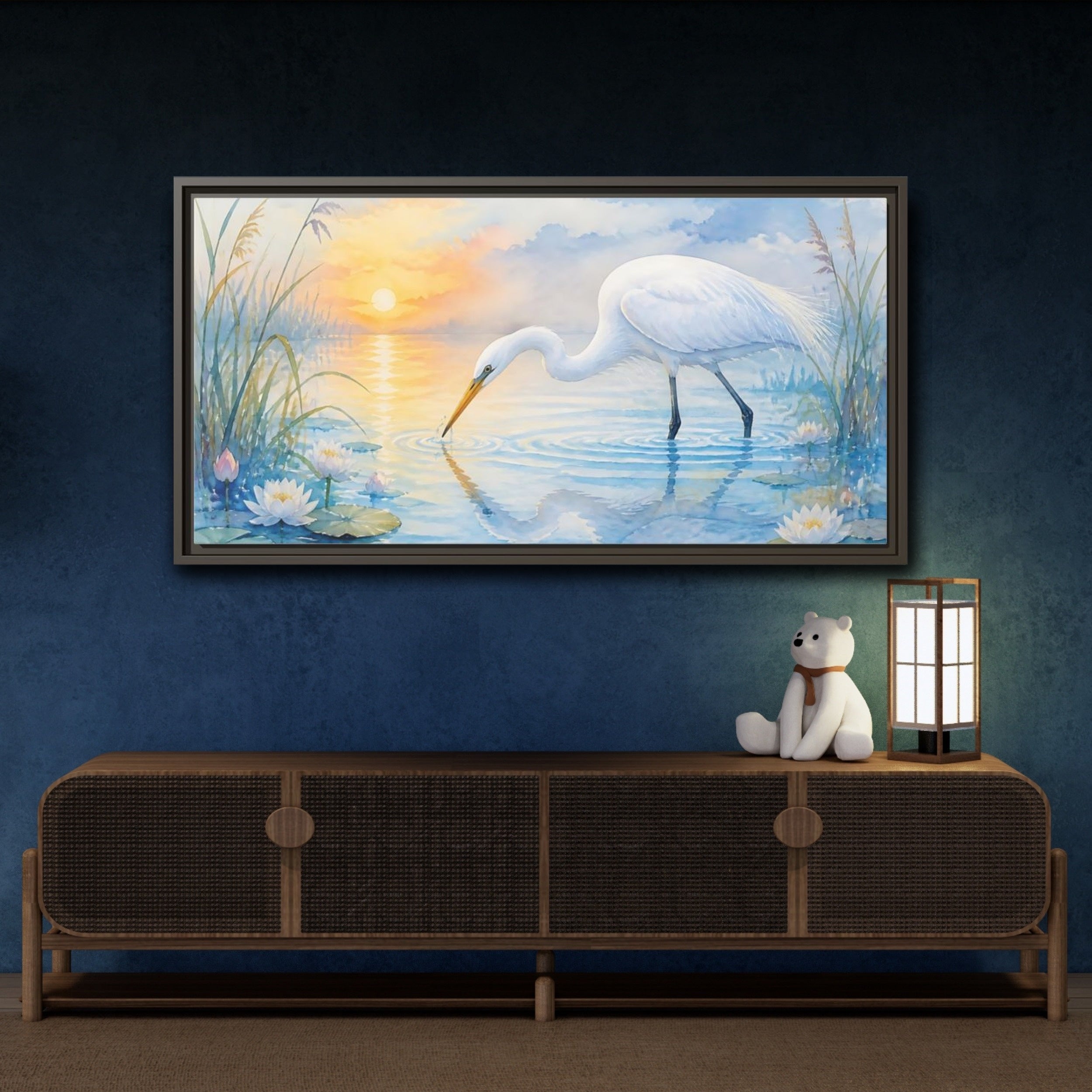 Mockup 4. Nature White Egret White Egret Sunset shown as stretched canvas wall art