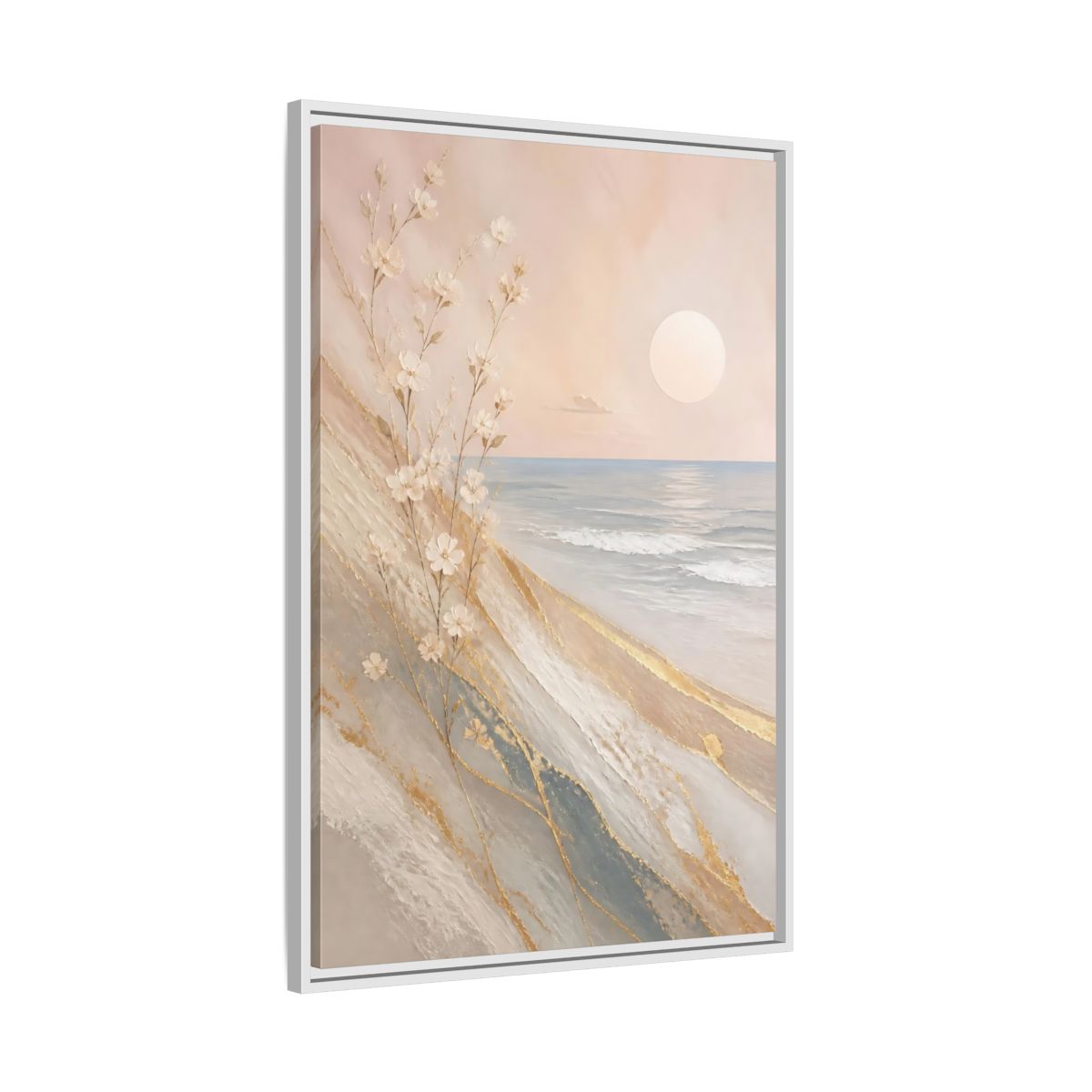 Side Mockup 9. Nature White Flowers Pastel Gold Beach shown as stretched canvas wall art