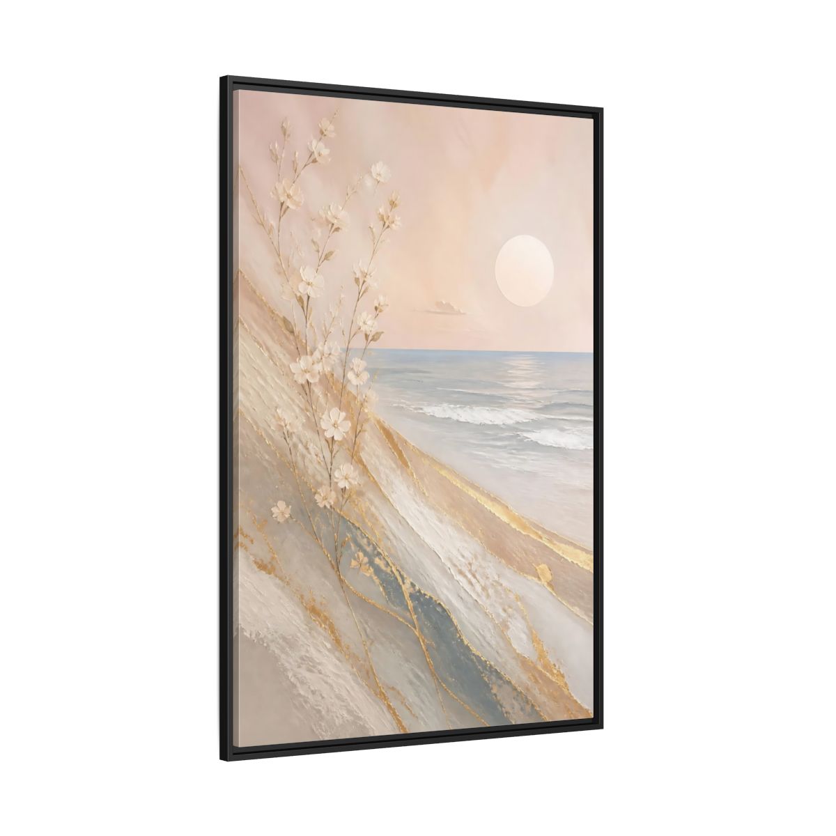 Side Mockup 12. Nature White Flowers Pastel Gold Beach shown as stretched canvas wall art