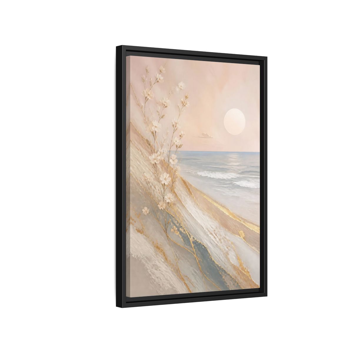Side Mockup 3. Nature White Flowers Pastel Gold Beach shown as stretched canvas wall art