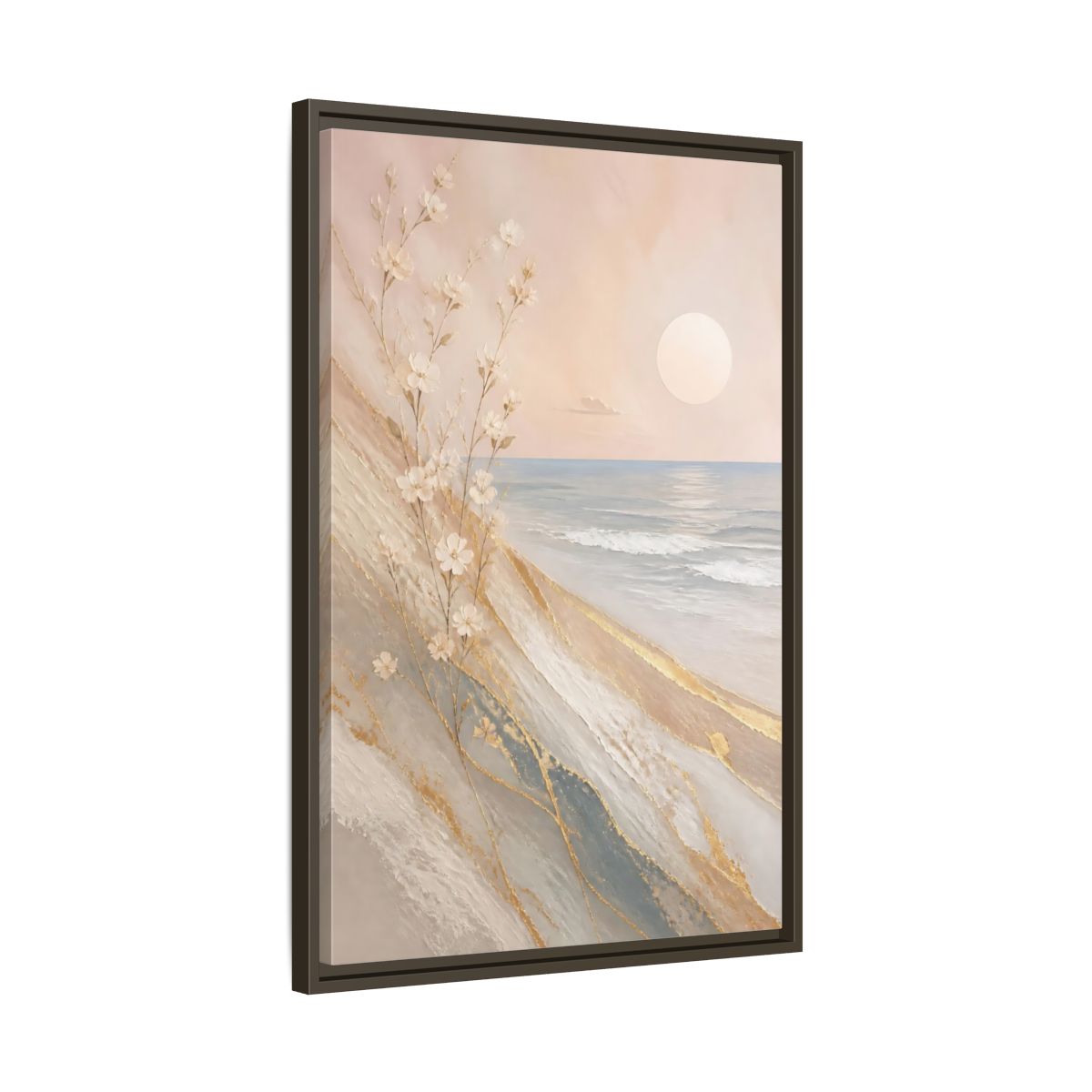 Side Mockup 11. Nature White Flowers Pastel Gold Beach shown as stretched canvas wall art