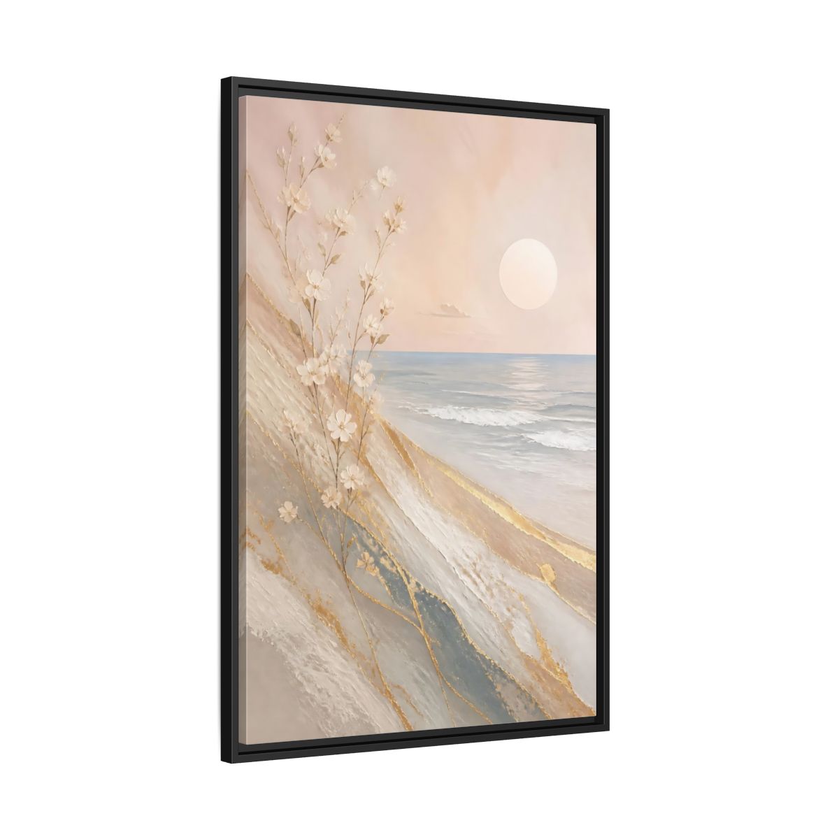 Side Mockup 13. Nature White Flowers Pastel Gold Beach shown as stretched canvas wall art