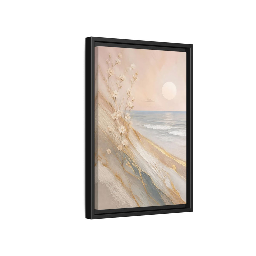 Side Mockup 6. Nature White Flowers Pastel Gold Beach shown as stretched canvas wall art