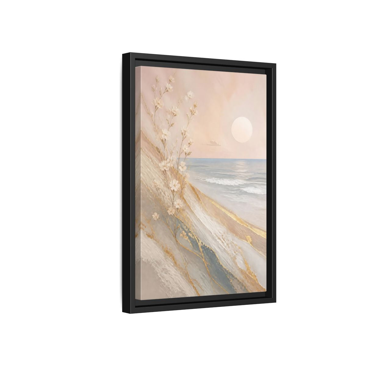 Side Mockup 6. Nature White Flowers Pastel Gold Beach shown as stretched canvas wall art