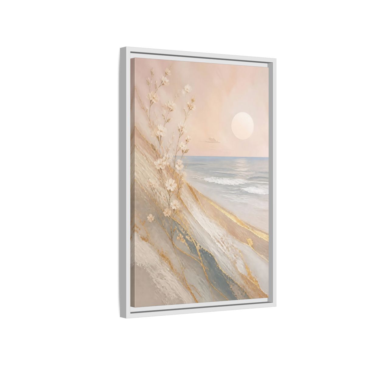 Side Mockup 1. Nature White Flowers Pastel Gold Beach shown as stretched canvas wall art
