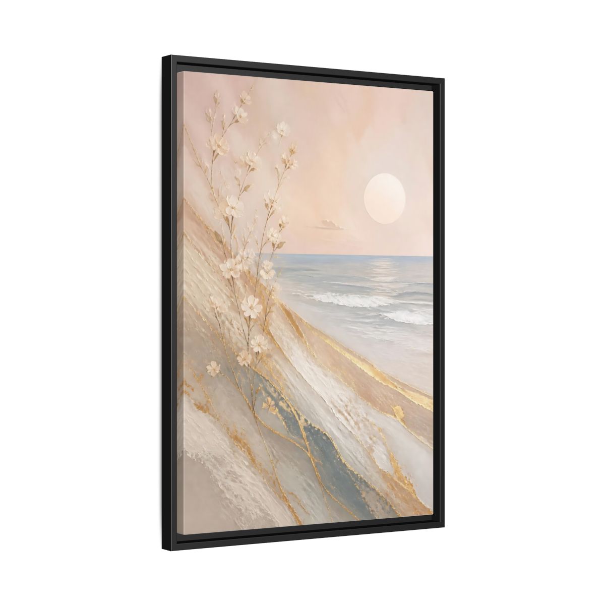 Side Mockup 14. Nature White Flowers Pastel Gold Beach shown as stretched canvas wall art