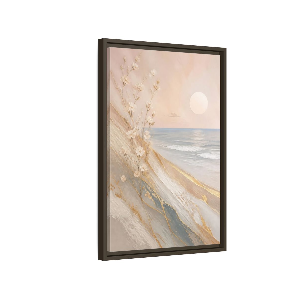 Side Mockup 2. Nature White Flowers Pastel Gold Beach shown as stretched canvas wall art