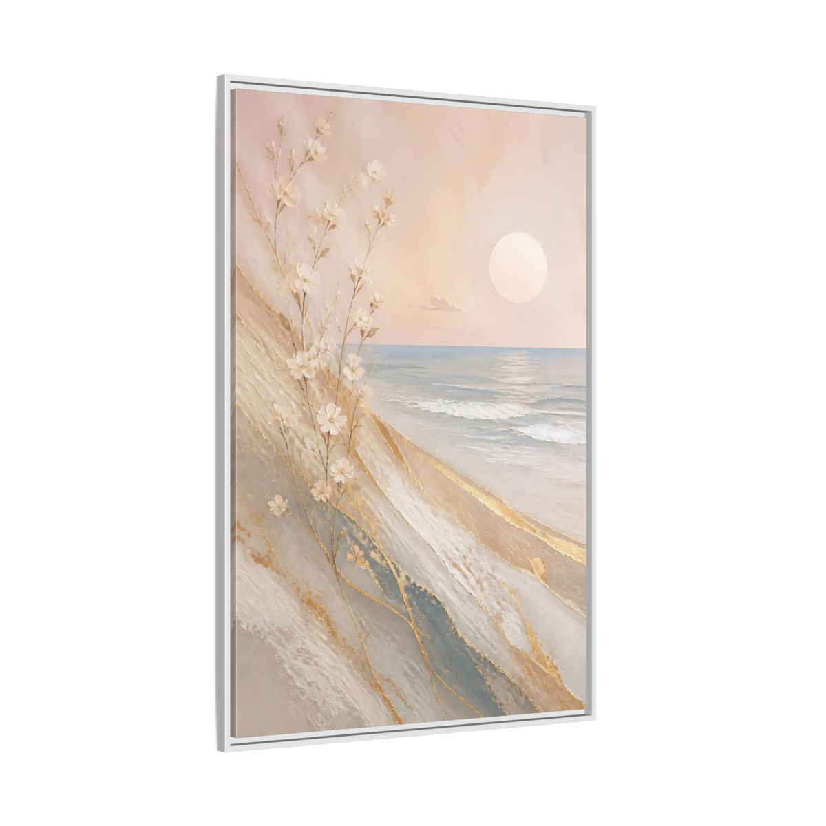 Side Mockup 7. Nature White Flowers Pastel Gold Beach shown as stretched canvas wall art