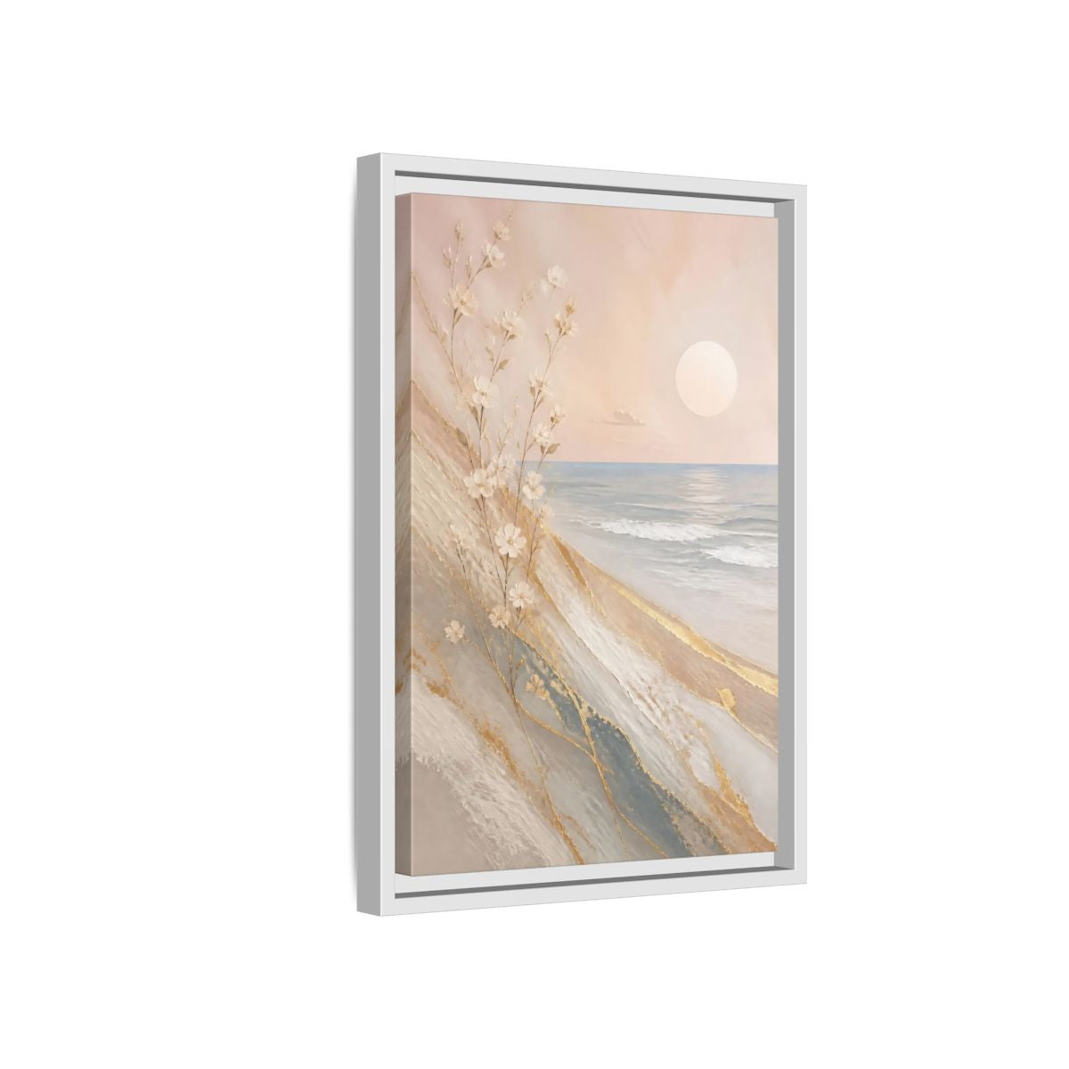 Side Mockup 4. Nature White Flowers Pastel Gold Beach shown as stretched canvas wall art