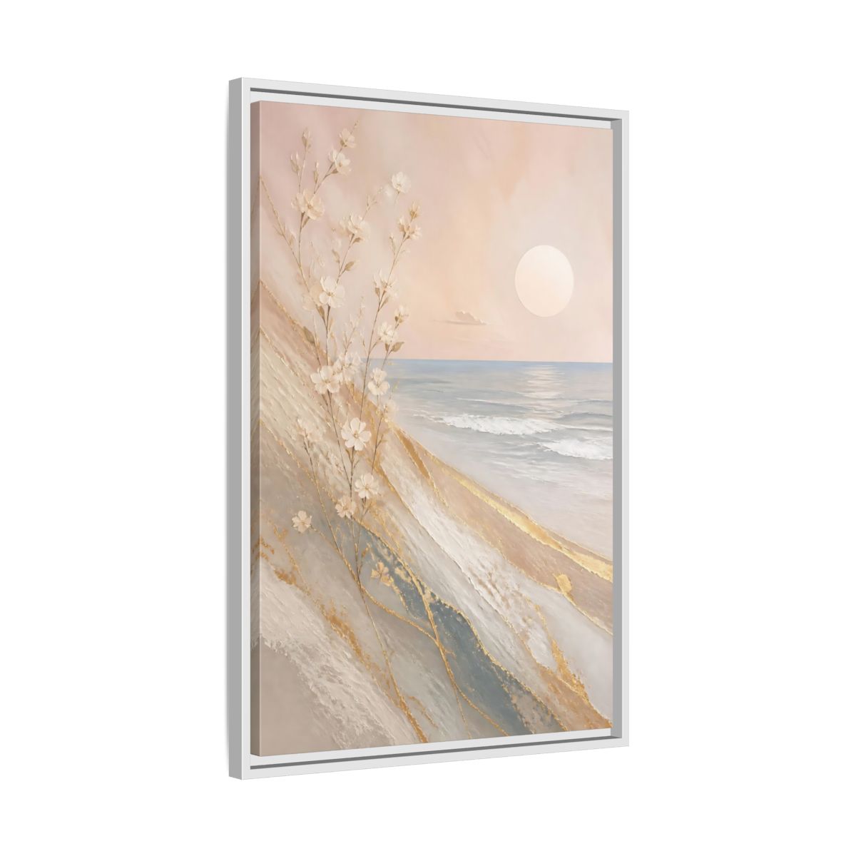 Side Mockup 10. Nature White Flowers Pastel Gold Beach shown as stretched canvas wall art