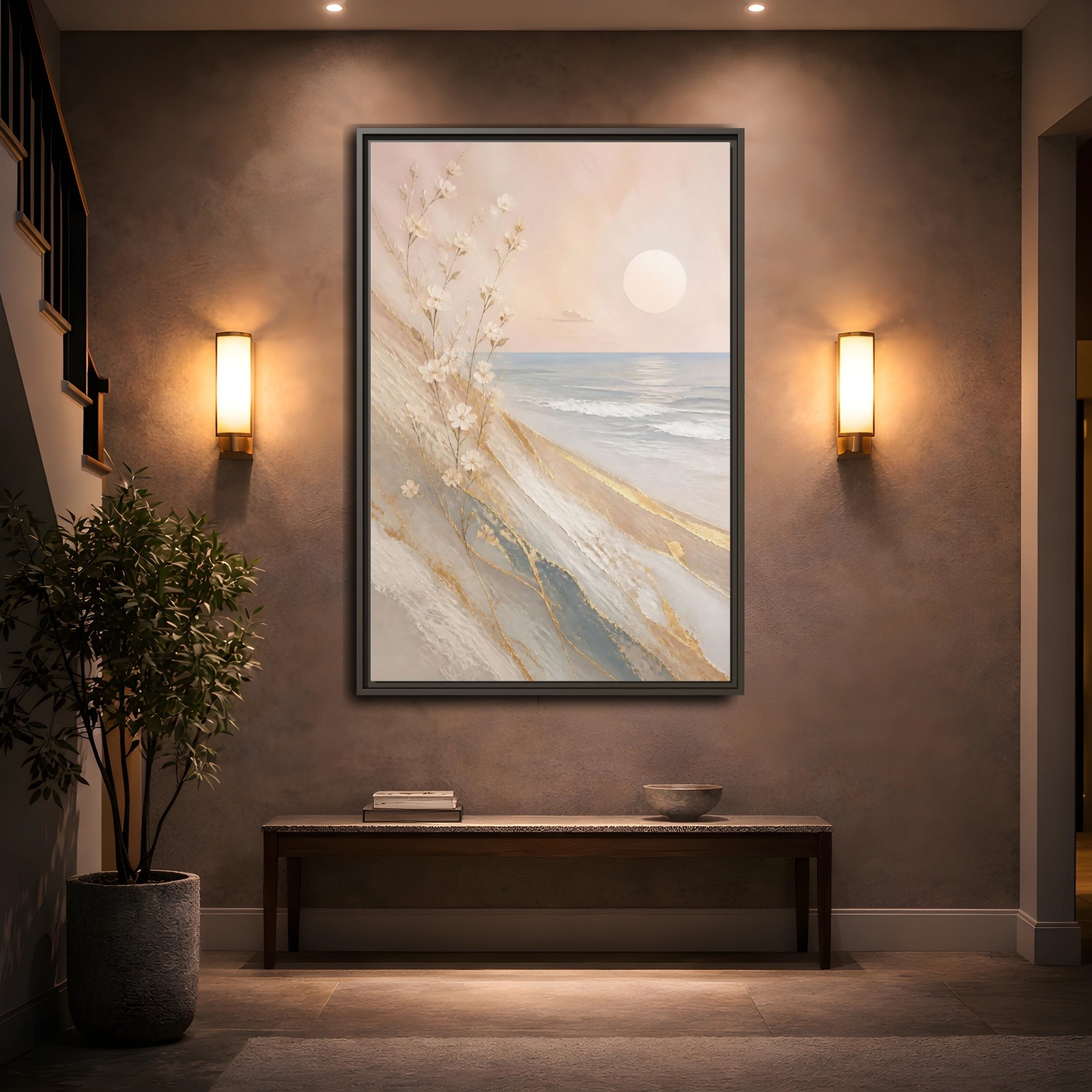 Mockup 2. Nature White Flowers Pastel Gold Beach shown as stretched canvas wall art