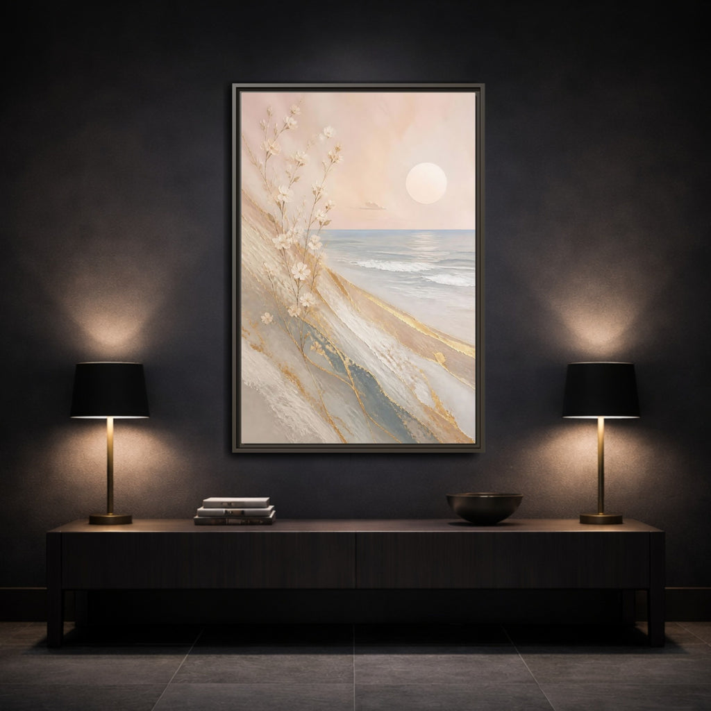 Mockup 3. Nature White Flowers Pastel Gold Beach shown as stretched canvas wall art