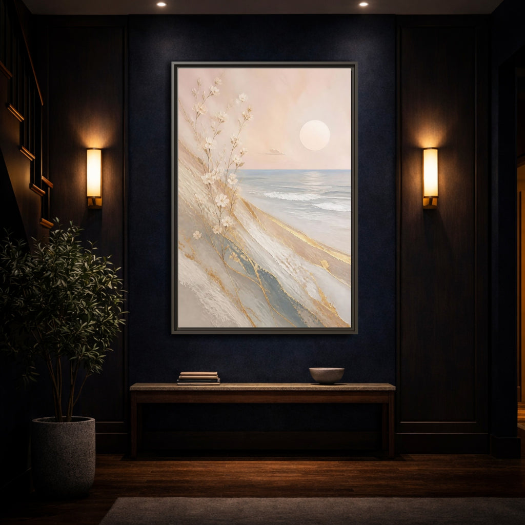 Mockup 4. Nature White Flowers Pastel Gold Beach shown as stretched canvas wall art