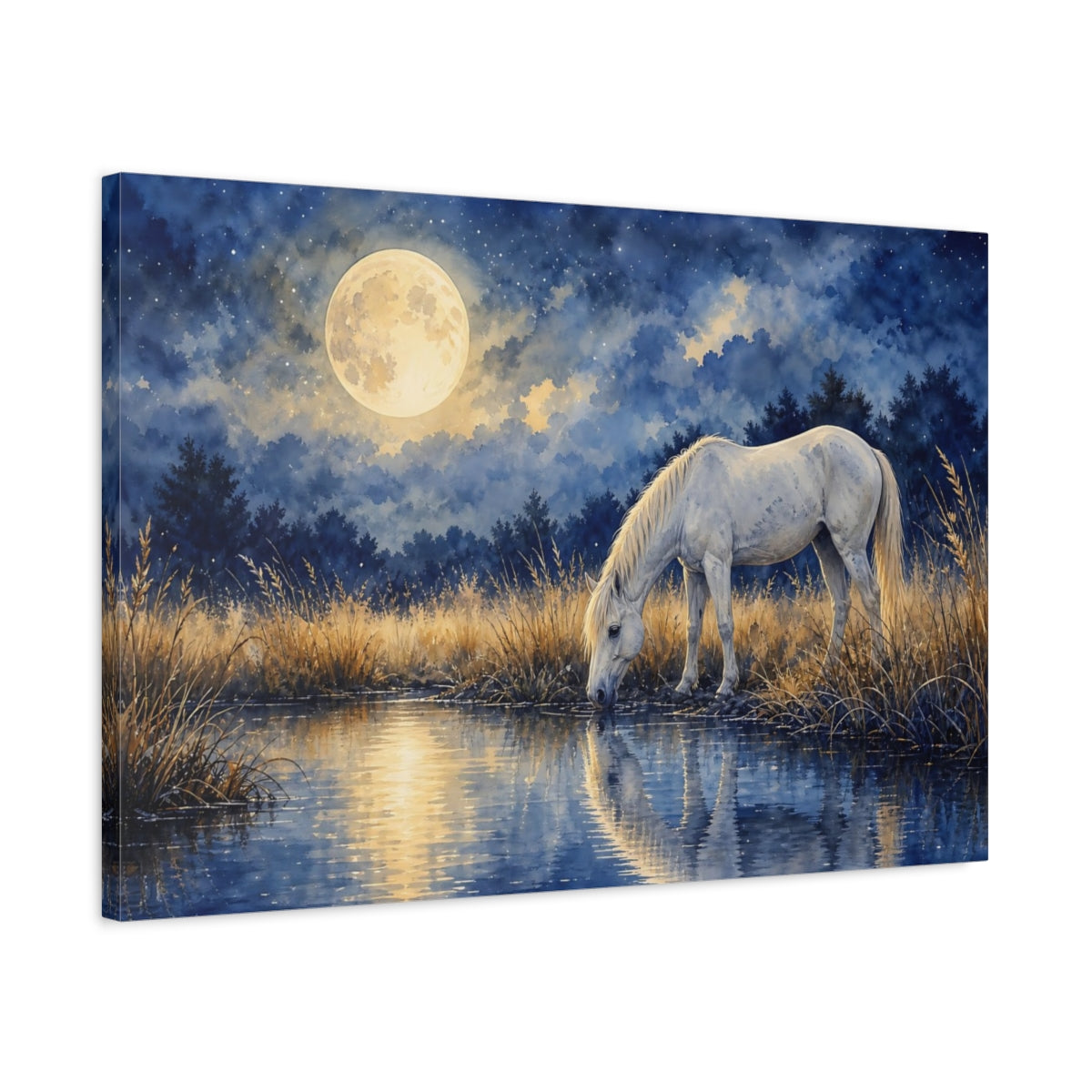 Side Mockup 2. Nature White Horse Blue And Gold shown as stretched canvas wall art