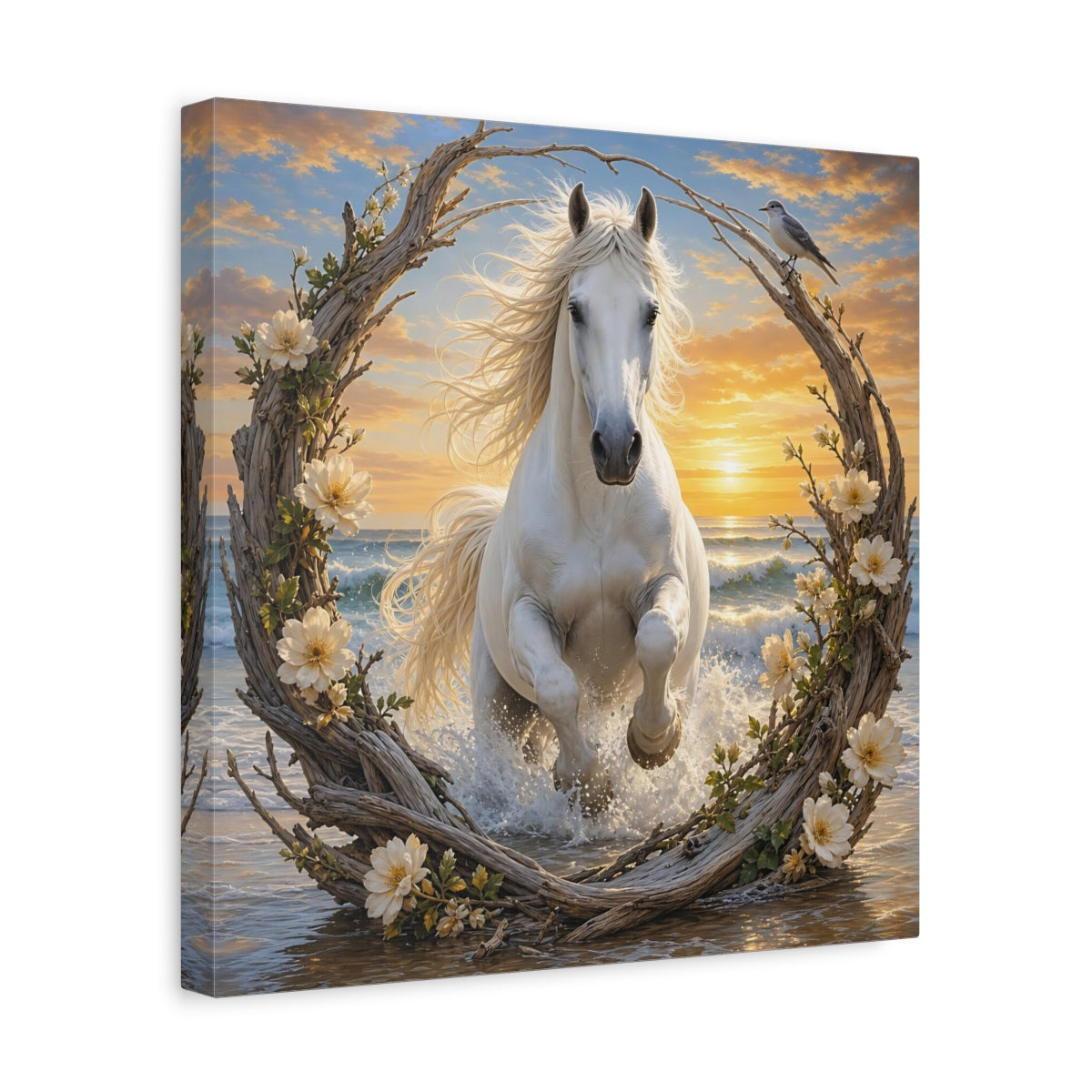 Side Mockup 7. Nature White Horse White Horse Sunset shown as stretched canvas wall art