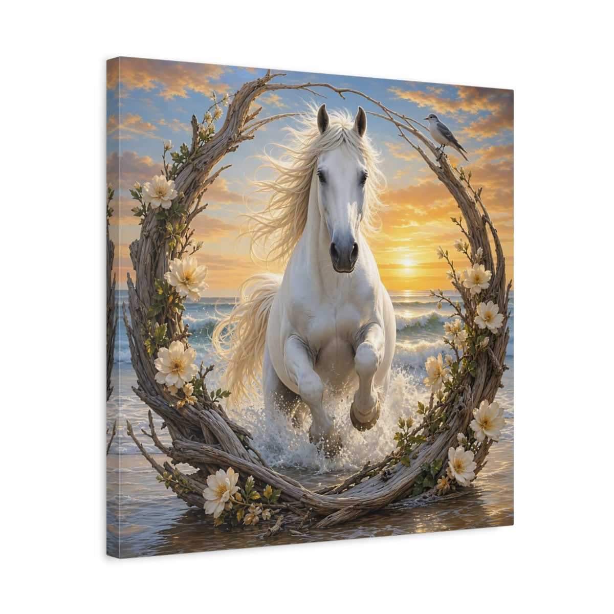 Side Mockup 5. Nature White Horse White Horse Sunset shown as stretched canvas wall art