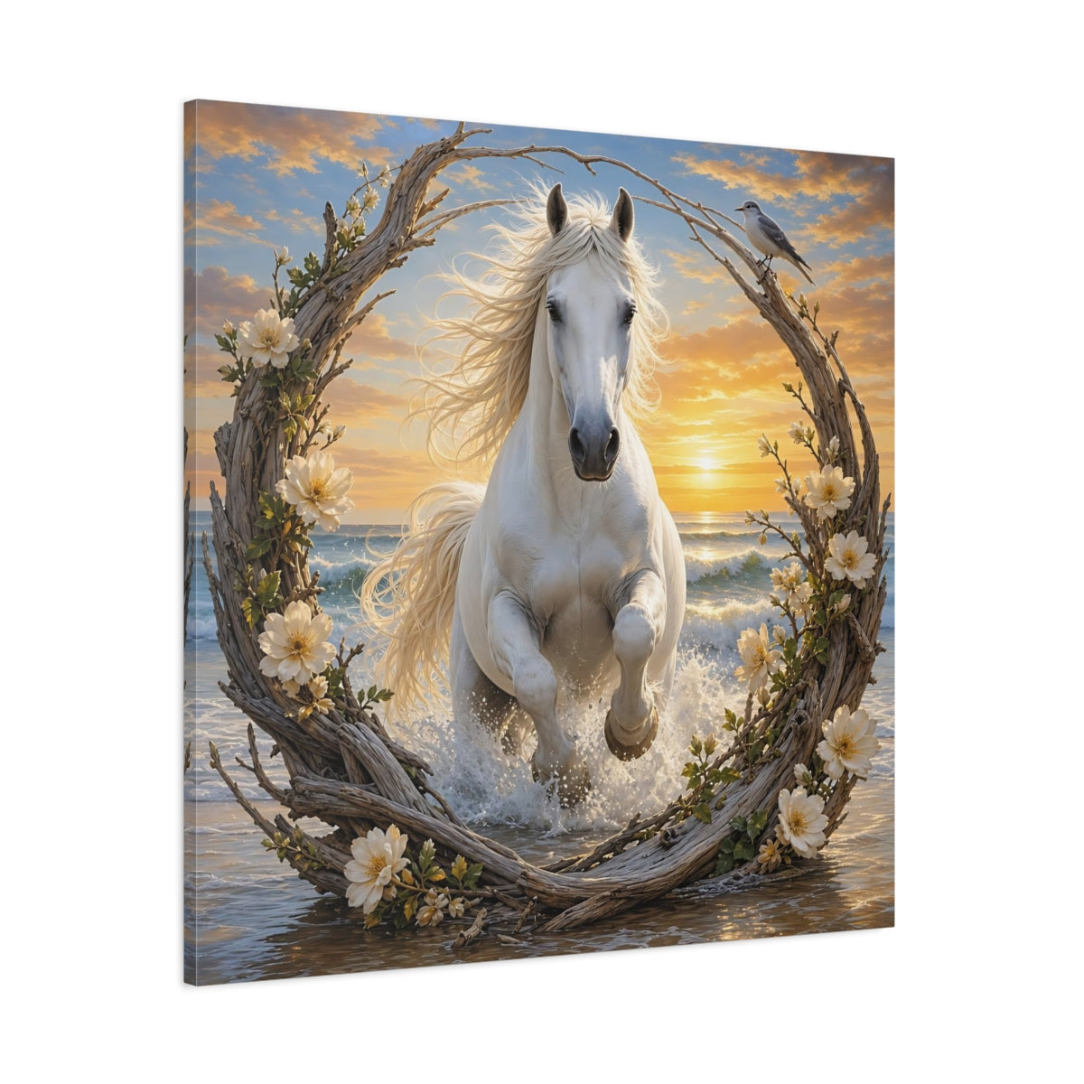 Side Mockup 1. Nature White Horse White Horse Sunset shown as stretched canvas wall art