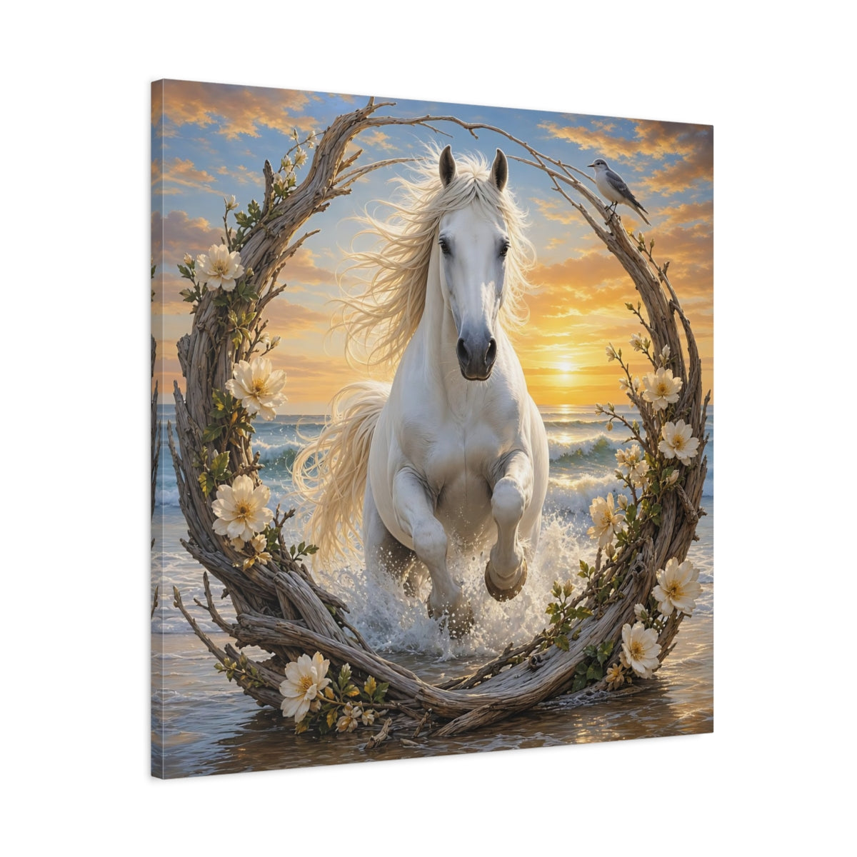Side Mockup 3. Nature White Horse White Horse Sunset shown as stretched canvas wall art