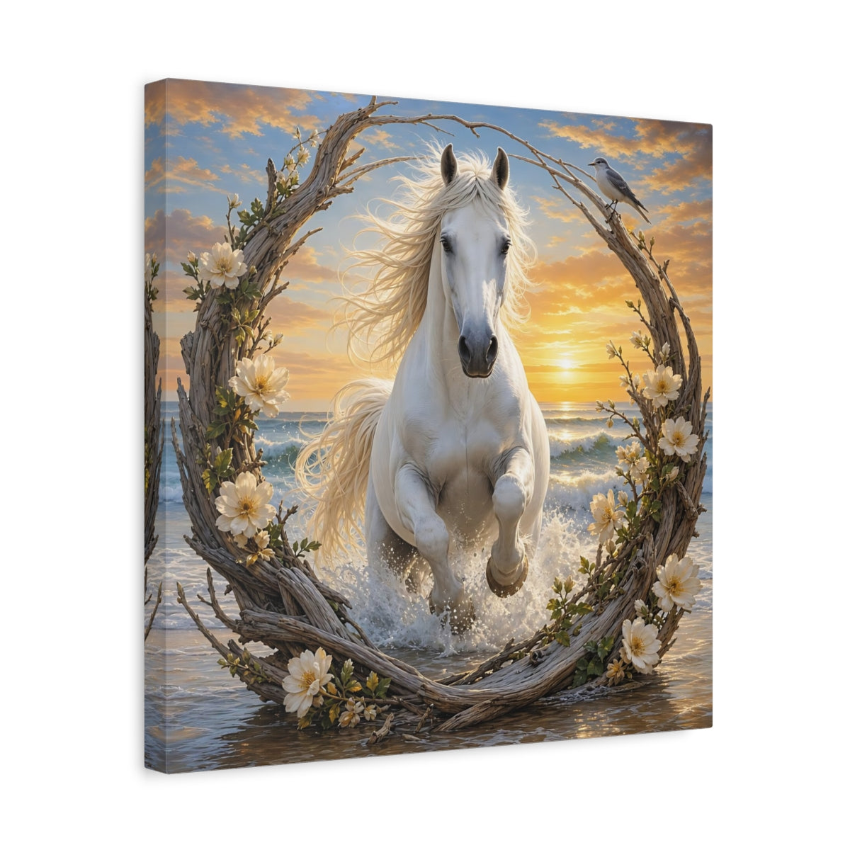 Side Mockup 6. Nature White Horse White Horse Sunset shown as stretched canvas wall art