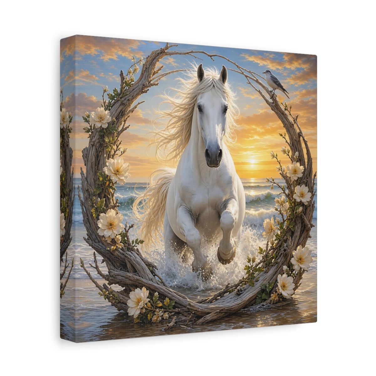 Side Mockup 9. Nature White Horse White Horse Sunset shown as stretched canvas wall art