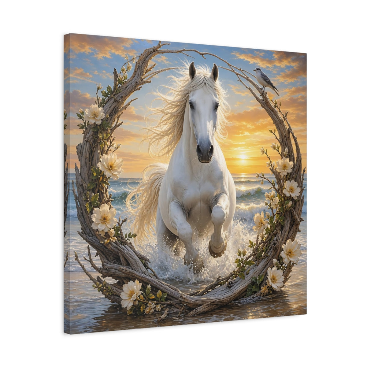 Side Mockup 4. Nature White Horse White Horse Sunset shown as stretched canvas wall art