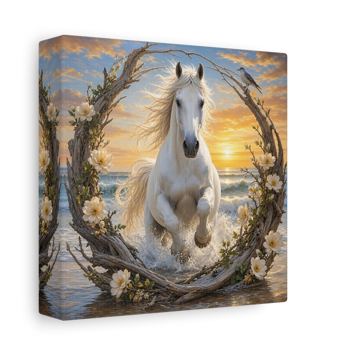 Side Mockup 2. Nature White Horse White Horse Sunset shown as stretched canvas wall art