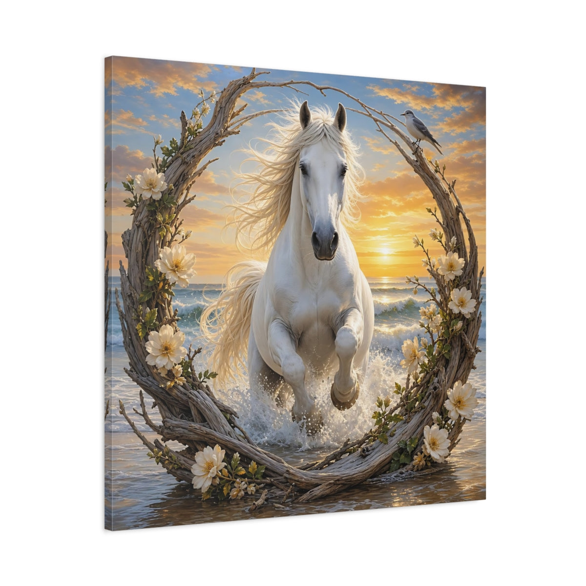 Main Mockup. Nature White Horse White Horse Sunset shown as stretched canvas wall art