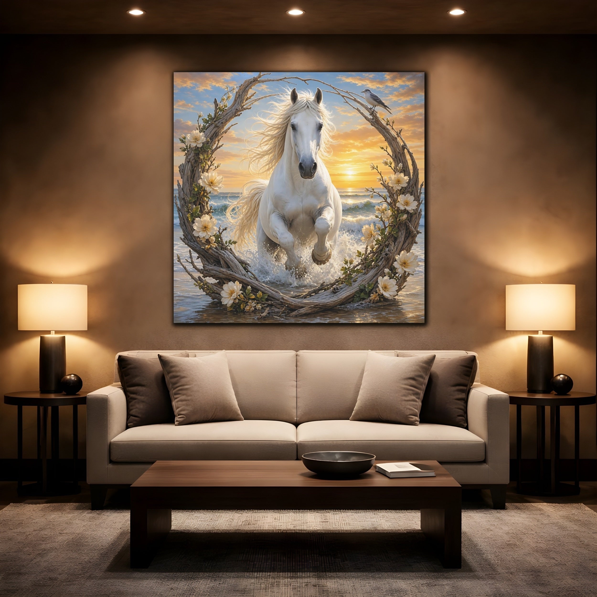 Mockup 2. Nature White Horse White Horse Sunset shown as stretched canvas wall art
