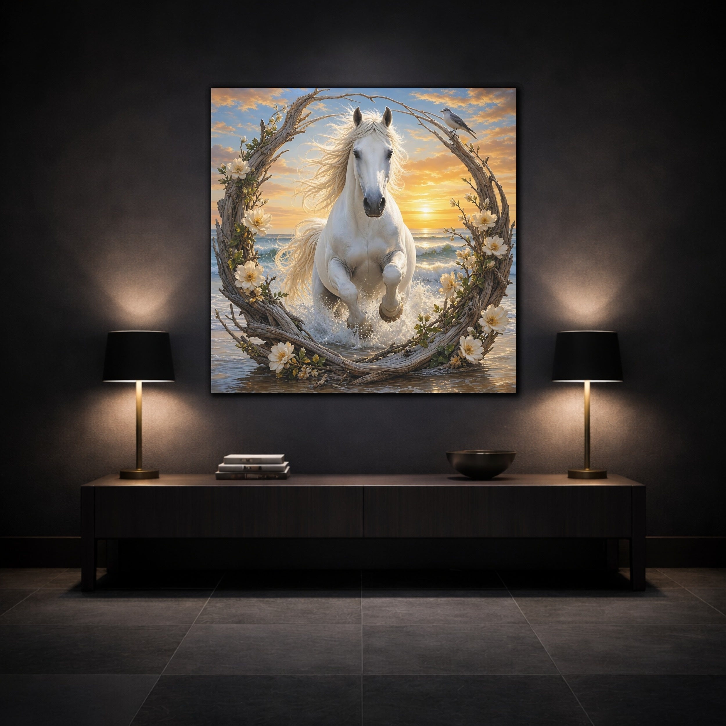 Mockup 3. Nature White Horse White Horse Sunset shown as stretched canvas wall art