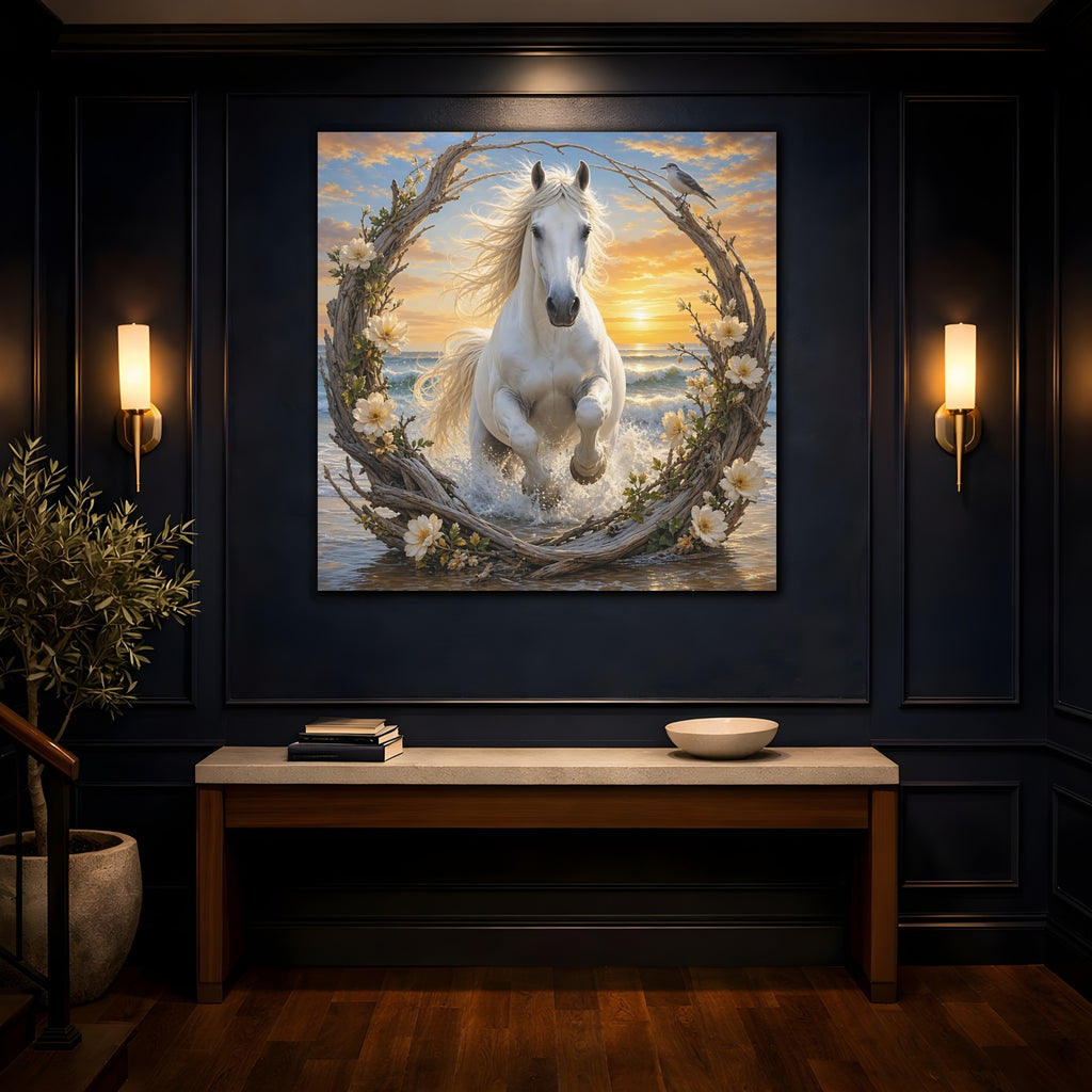 Mockup 4. Nature White Horse White Horse Sunset shown as stretched canvas wall art