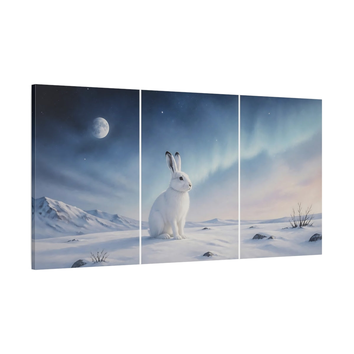 Side Mockup 2. Nature White Rabbit Winter Rabbit shown as stretched canvas wall art