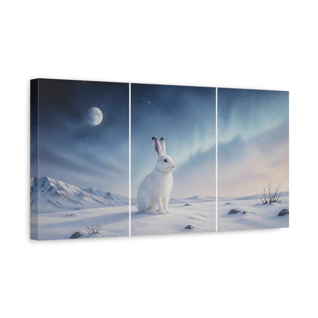 Side Mockup 3. Nature White Rabbit Winter Rabbit shown as stretched canvas wall art
