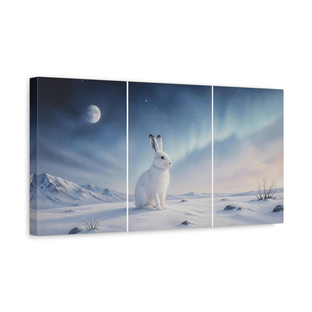 Side Mockup 3. Nature White Rabbit Winter Rabbit shown as stretched canvas wall art