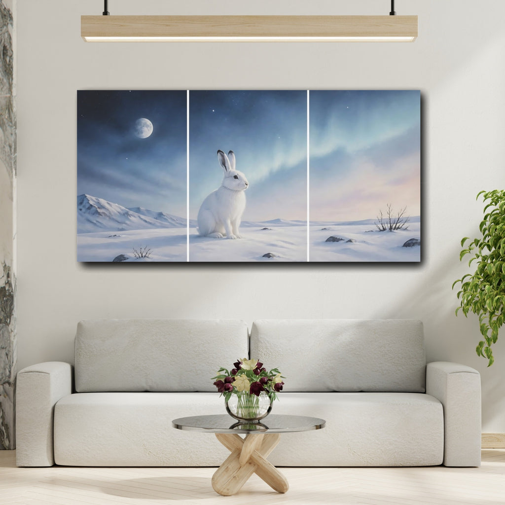 Mockup 2. Nature White Rabbit Winter Rabbit shown as stretched canvas wall art