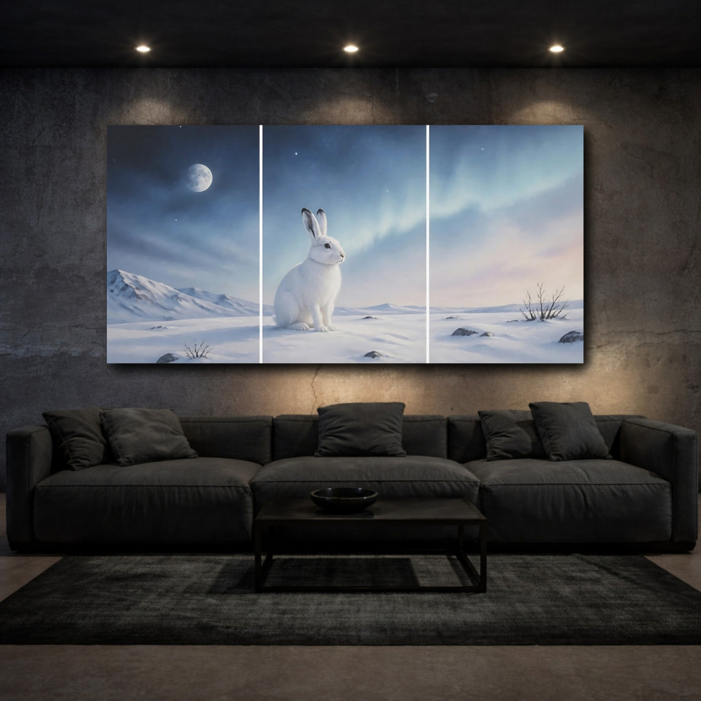 Mockup 3. Nature White Rabbit Winter Rabbit shown as stretched canvas wall art