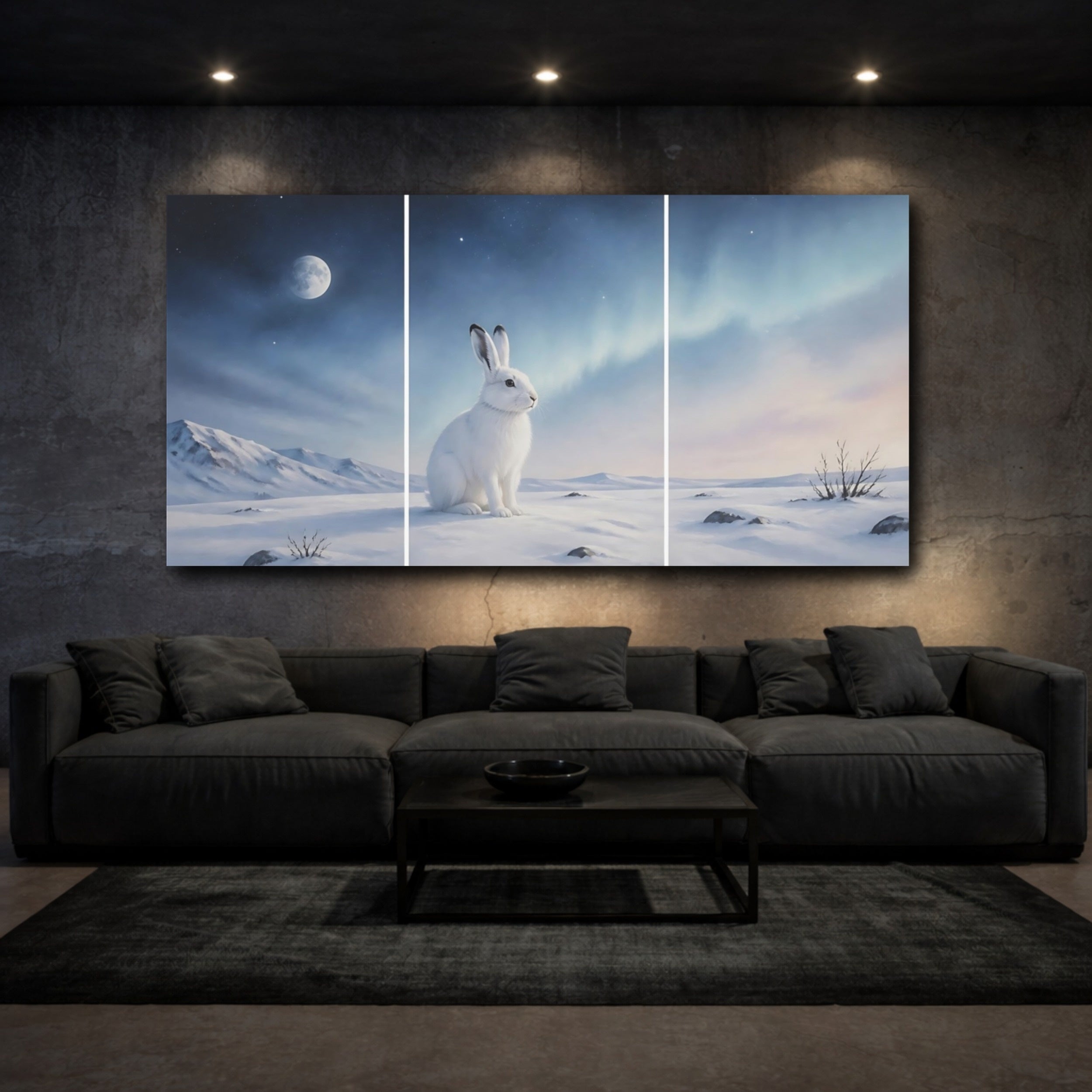 Mockup 3. Nature White Rabbit Winter Rabbit shown as stretched canvas wall art