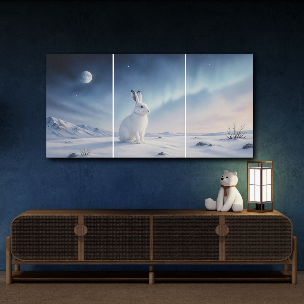Mockup 4. Nature White Rabbit Winter Rabbit shown as stretched canvas wall art