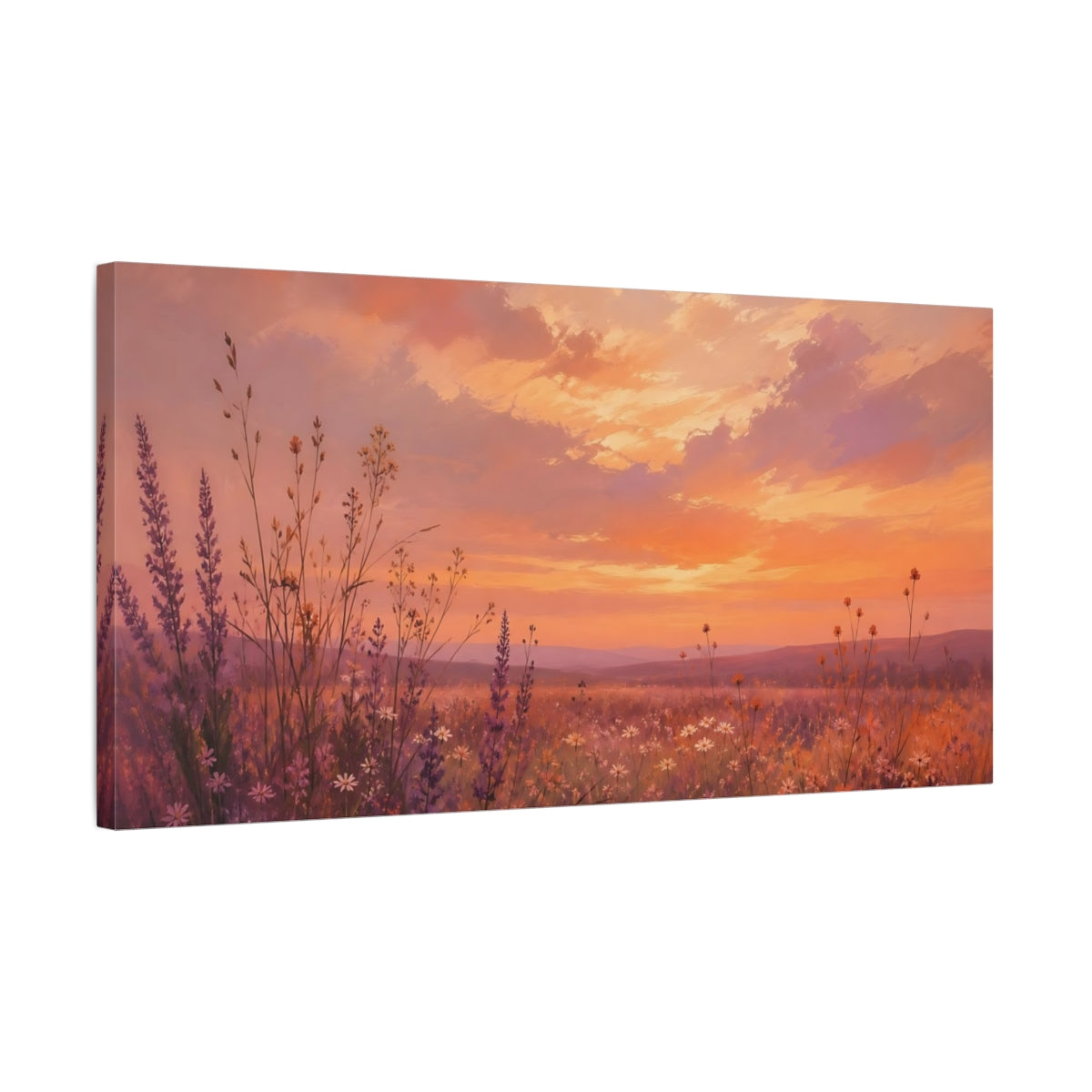 Side Mockup 1. Nature Wildflower Field Orange Purple Landscape shown as stretched canvas wall art